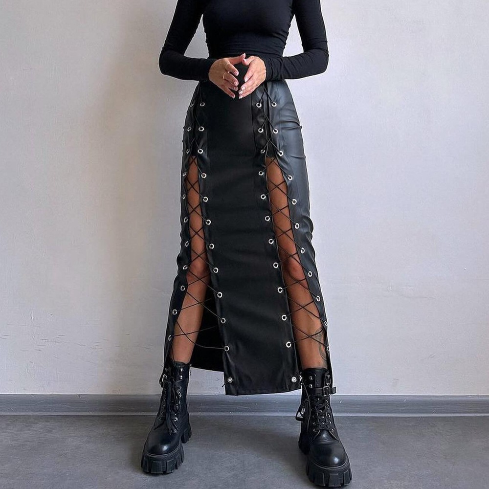 OM- 2025 Spring PU Leather Sexy Solid Color Slit Tie-up Bodycon Skirt Slimming Skirt